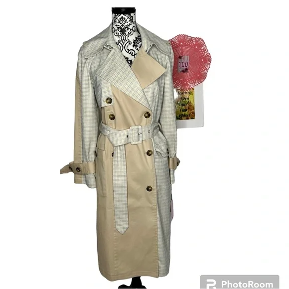 NWT Avec Les Filles Tan and Blue Plaid patchwork Trenchcoat Medium - Picture 2 of 16